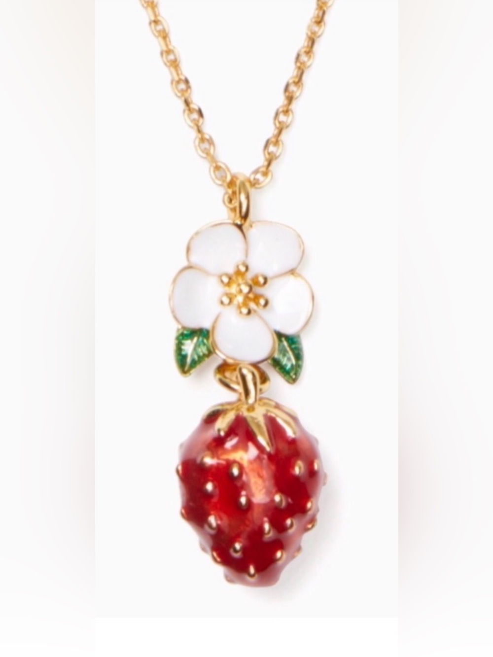 NWT Kate Spade Picnic Perfect Strawberry Flower Pendant Necklace Gold Enamel